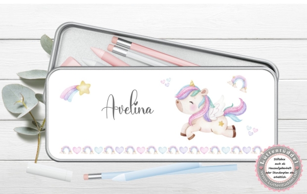 zuckersüße Stiftebox Geschenkdose Metall Einhorn mit Name personalisiert zur Einschulung oder nur so für Spickzettel und kleine Briefchen von Lüttentüddel®